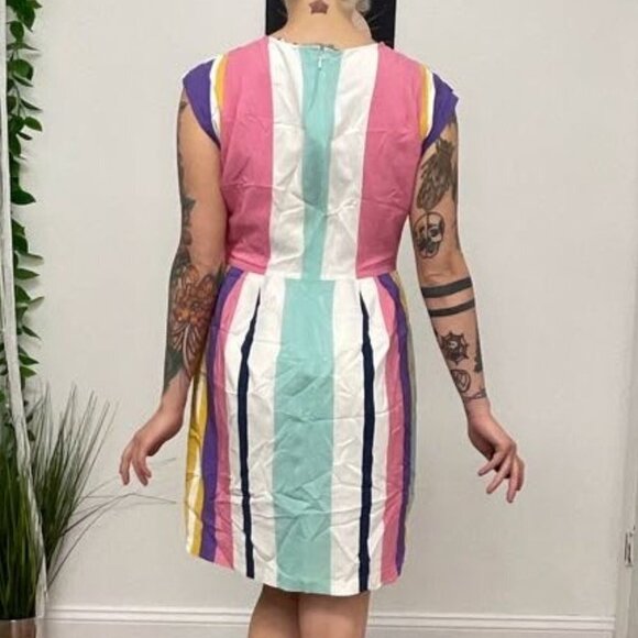 Slate & Willow Combo Striped Faux Wrap Dress Cap Sleeve Size 8 Pink/Yellow - Picture 14 of 16